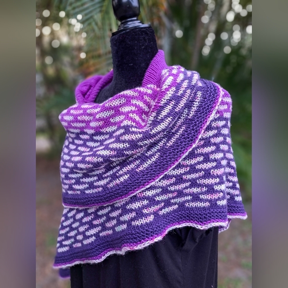 SOLD One of a Kind Warm and Cozy Knit Shawl Purple Pink Hand Dyed Wool Cashmere - Picture 11 of 15